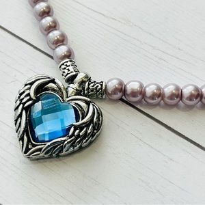 Cremation Keepsake Necklace Dusty Purple Bead Chain Angel Wings Blue Stone